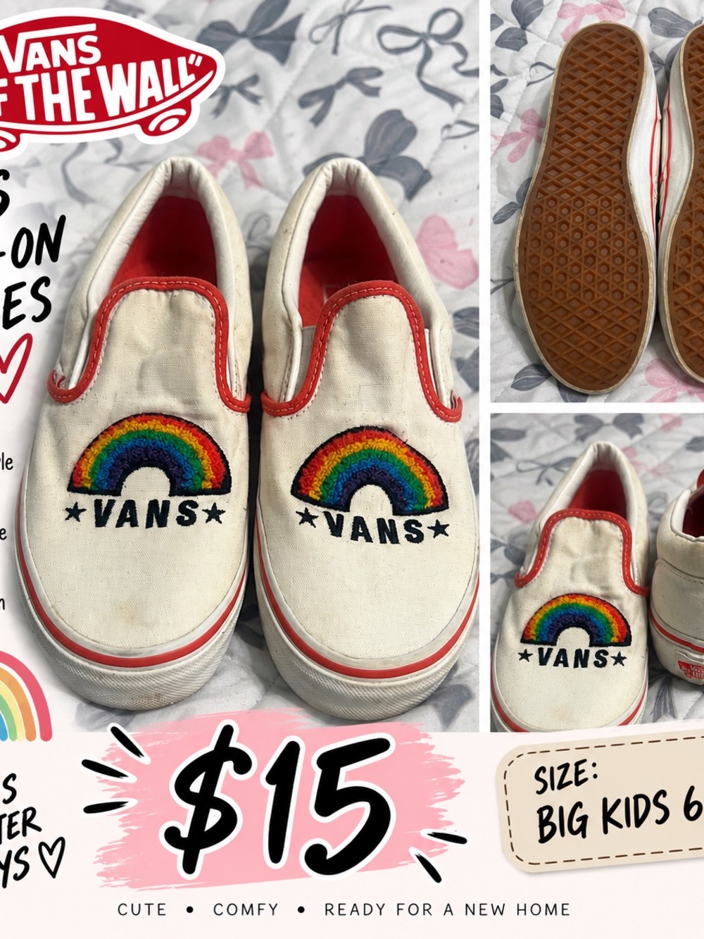 Vans Kids White Canvas Slip-On Sneakers with Rainbow Embroidery